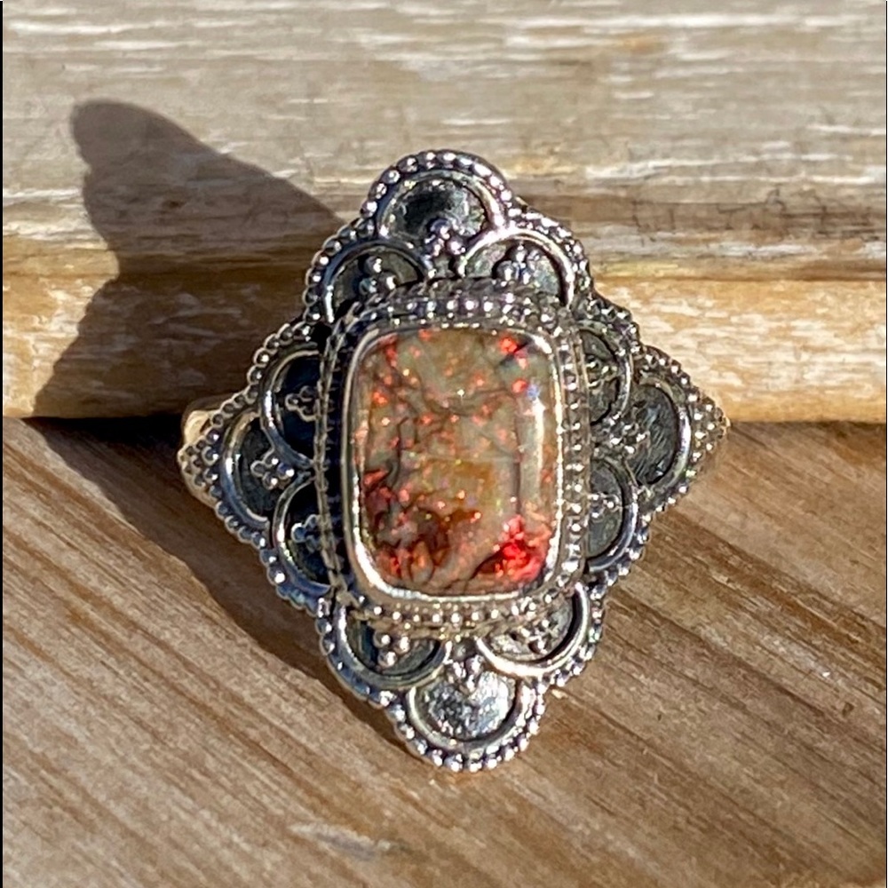 Robin's Nest Jewels Ornate Silver and Red Ring